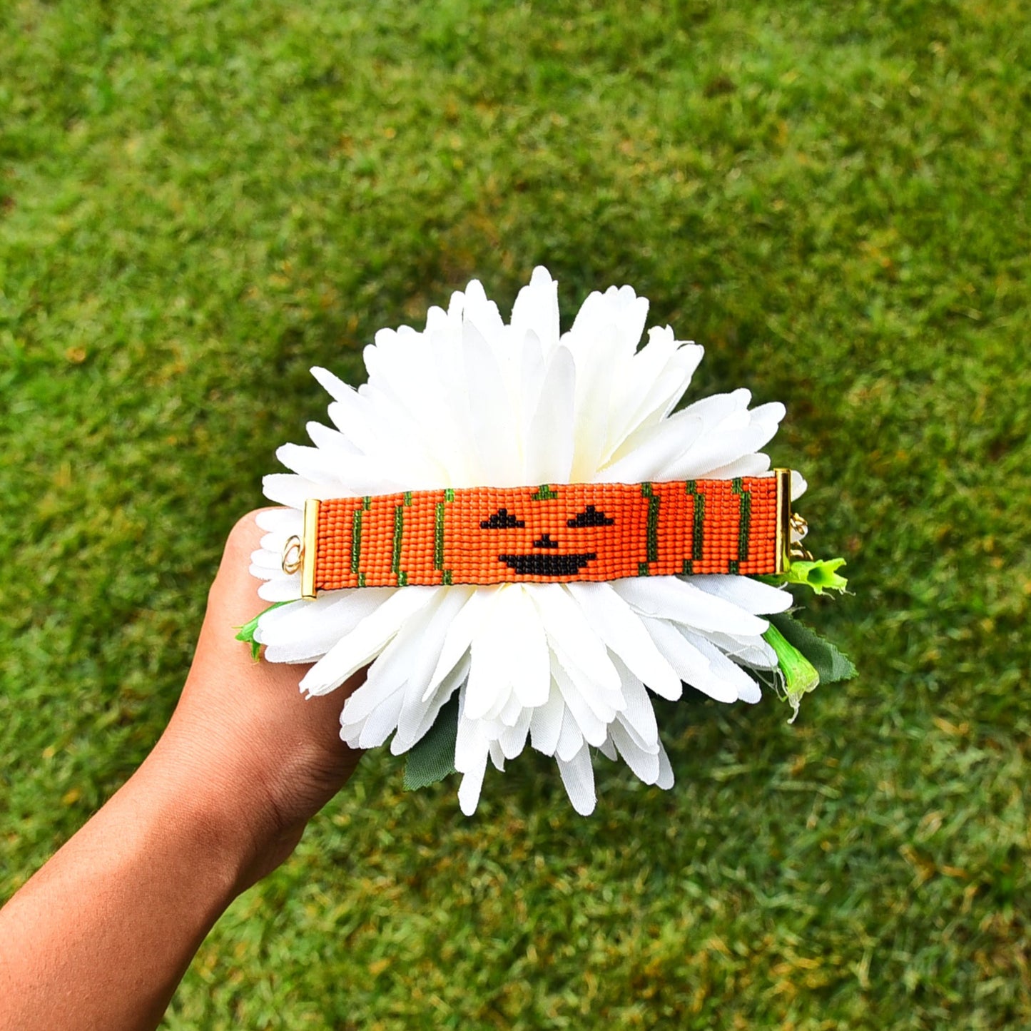 Jack-O-Lantern Halloween Themed Beaded Loom Bracelet