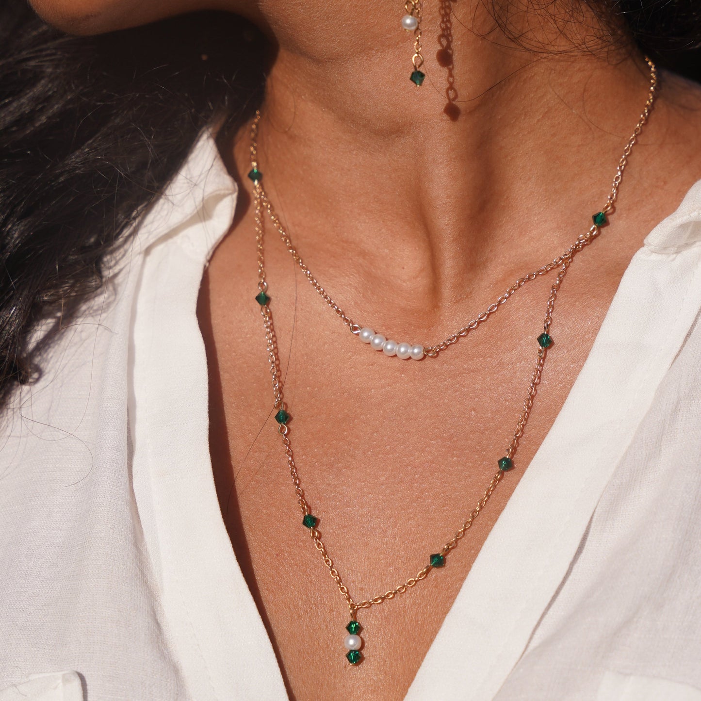 Colorful Crystal and Faux Pearl Double Chain Necklace