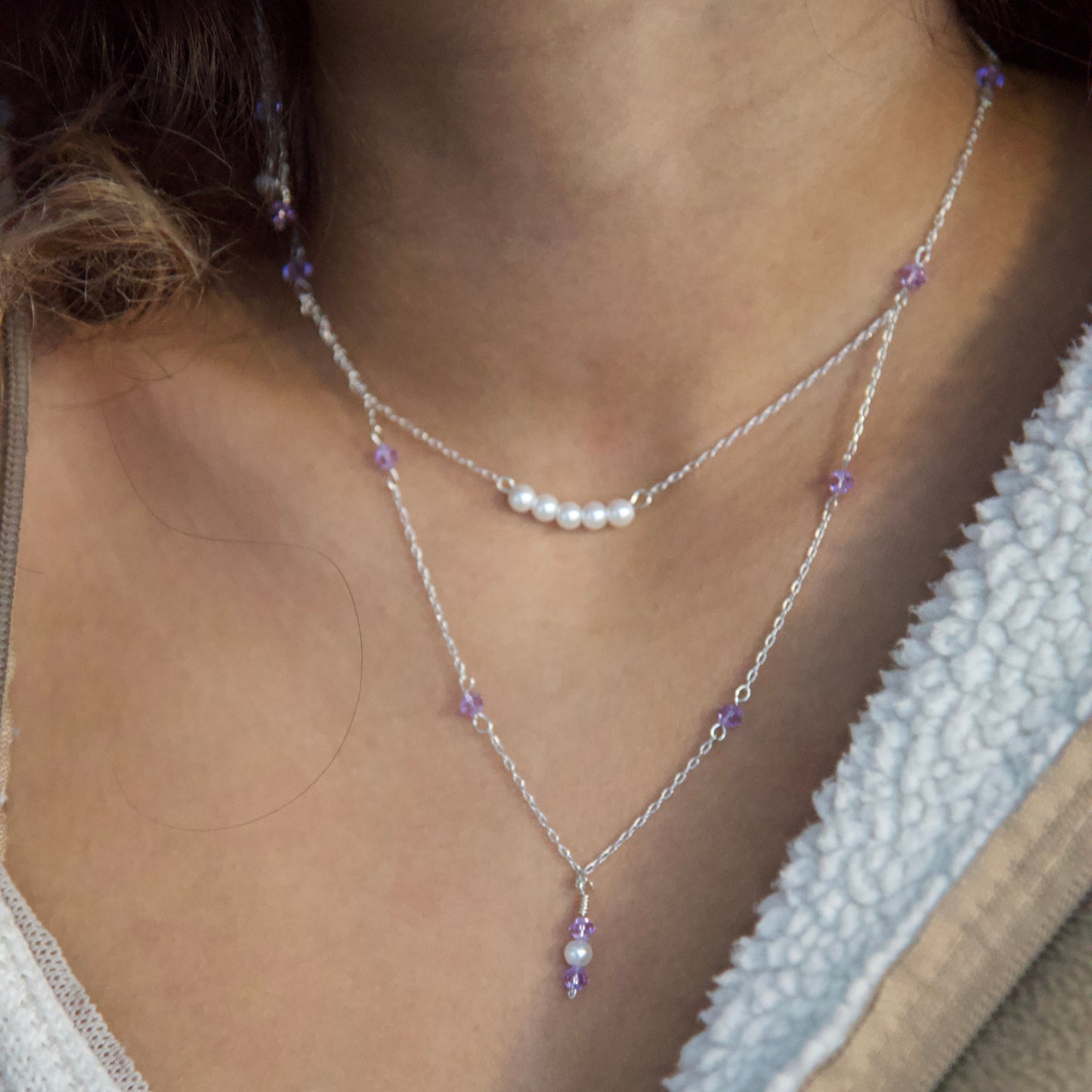Colorful Crystal and Faux Pearl Double Chain Necklace