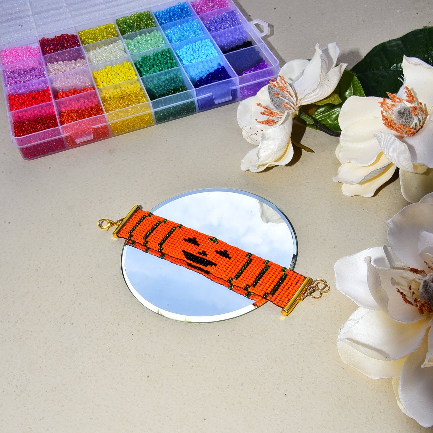 Jack-O-Lantern Halloween Themed Beaded Loom Bracelet
