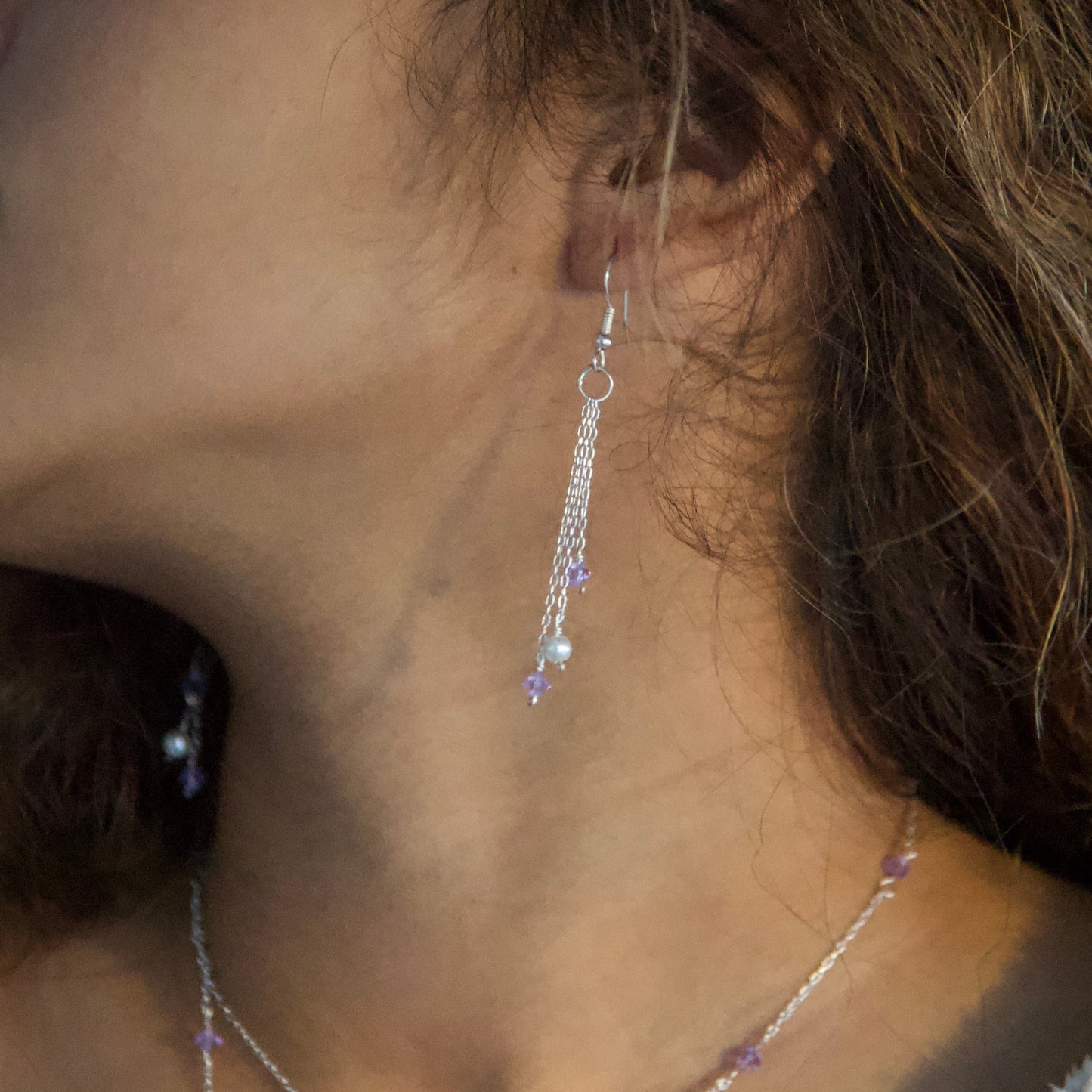 Colorful Crystal and Faux Pearl Chain Dangly Earring Set